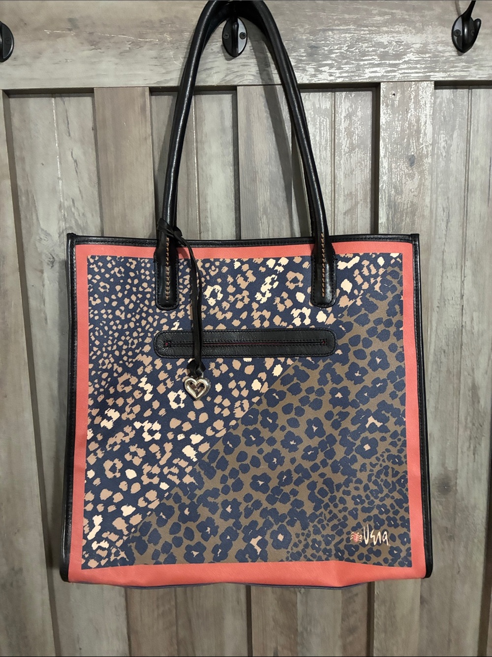 Brighton Coral-Trim Navy Leopard Tote with Heart Charm